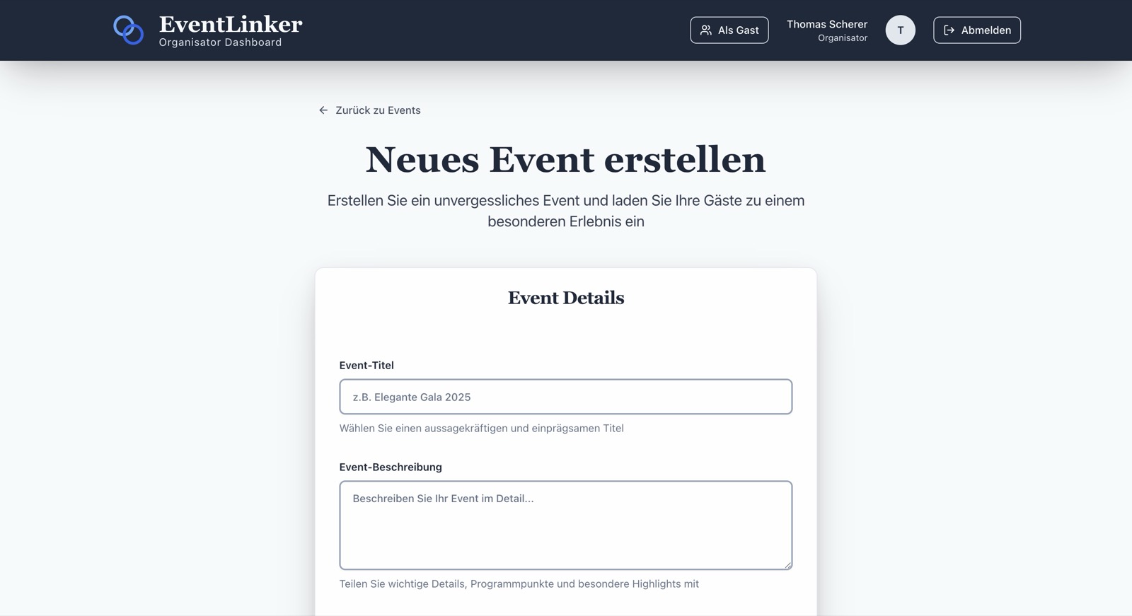 Formular zum Erstellen eines neuen Events in EventLinker