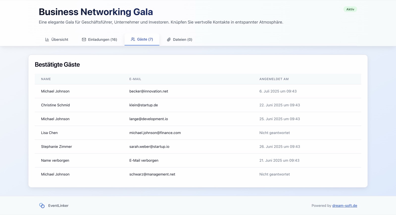 Gästeliste eines Events mit Namen, E-Mail-Adressen und Anmeldedatum in EventLinker