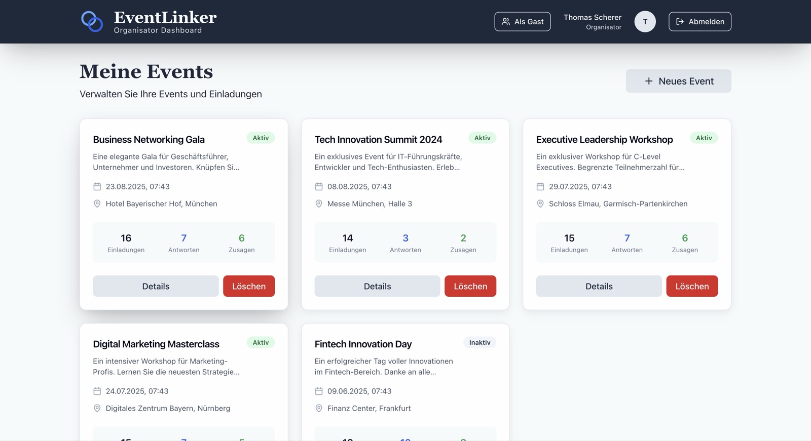 EventLinker Organisator-Dashboard mit einer Übersicht mehrerer Business Events, Teilnehmerzahlen und Zusagen