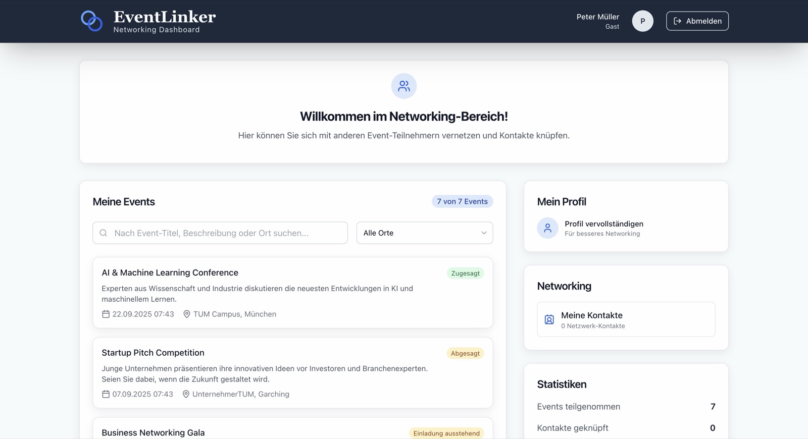 Networking-Bereich mit Teilnehmerübersicht und gespeicherten Kontakten in EventLinker